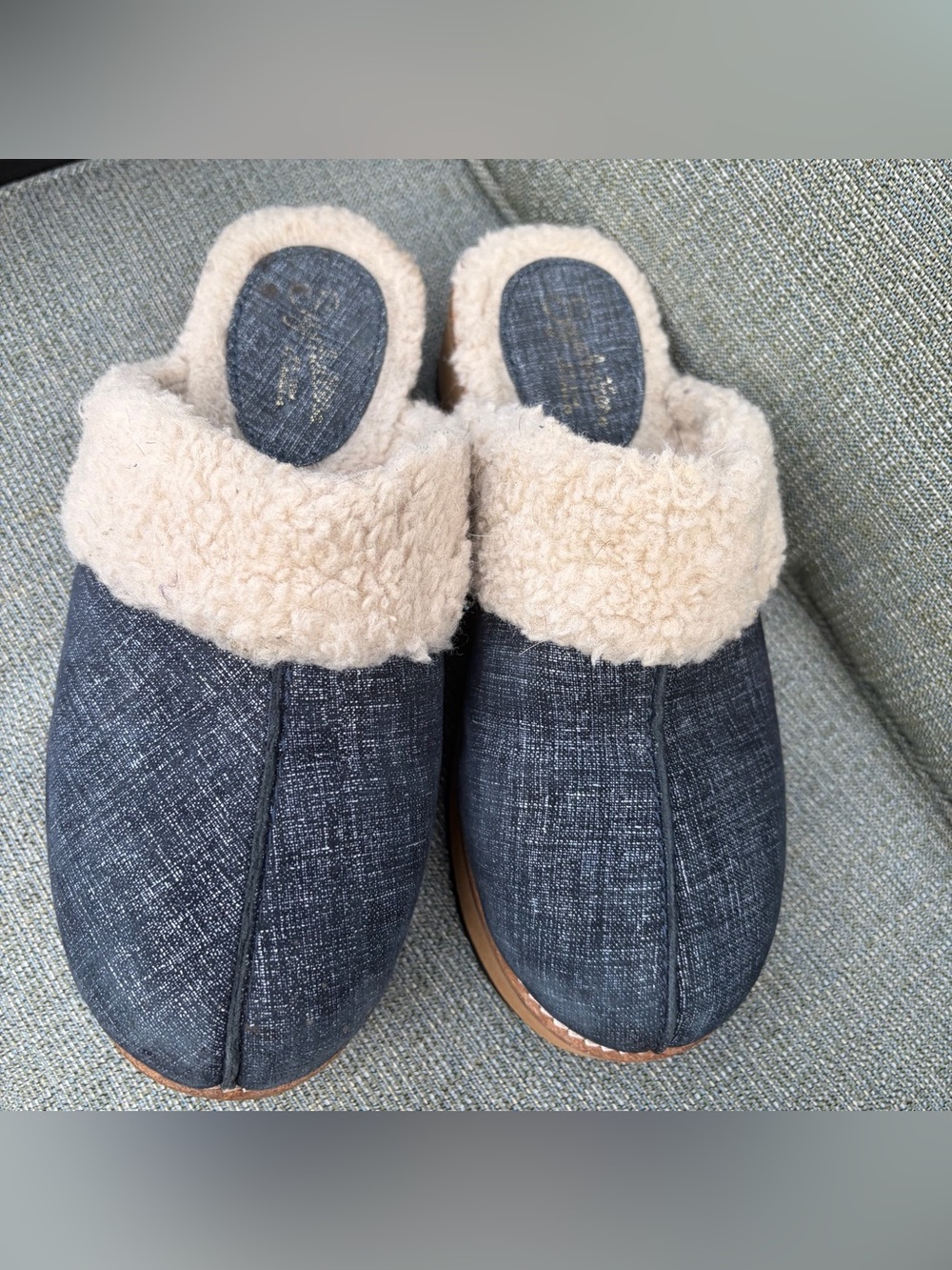 Seychelles Platform Mules Clogs Denim Plush Shearling Size 6 Wedge Cozy